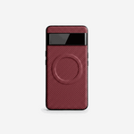 Google Pixel - Woven-Look magnetic bumper case in burgundy with diagonal woven texture and a raised circular ring