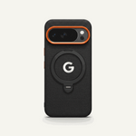 Google Pixel - Woven-Look Magnetic phone case in black textured material with orange camera trim and circular ring bracket.