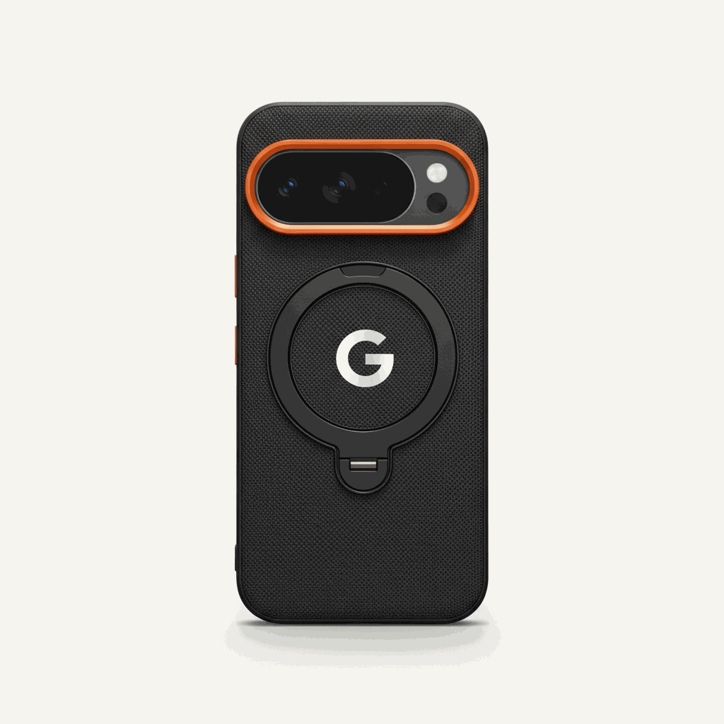Google Pixel - Woven-Look Magnetic phone case in black textured material with orange camera trim and circular ring bracket.