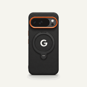 Google Pixel - Woven-Look Magnetic phone case in black textured material with orange camera trim and circular ring bracket.