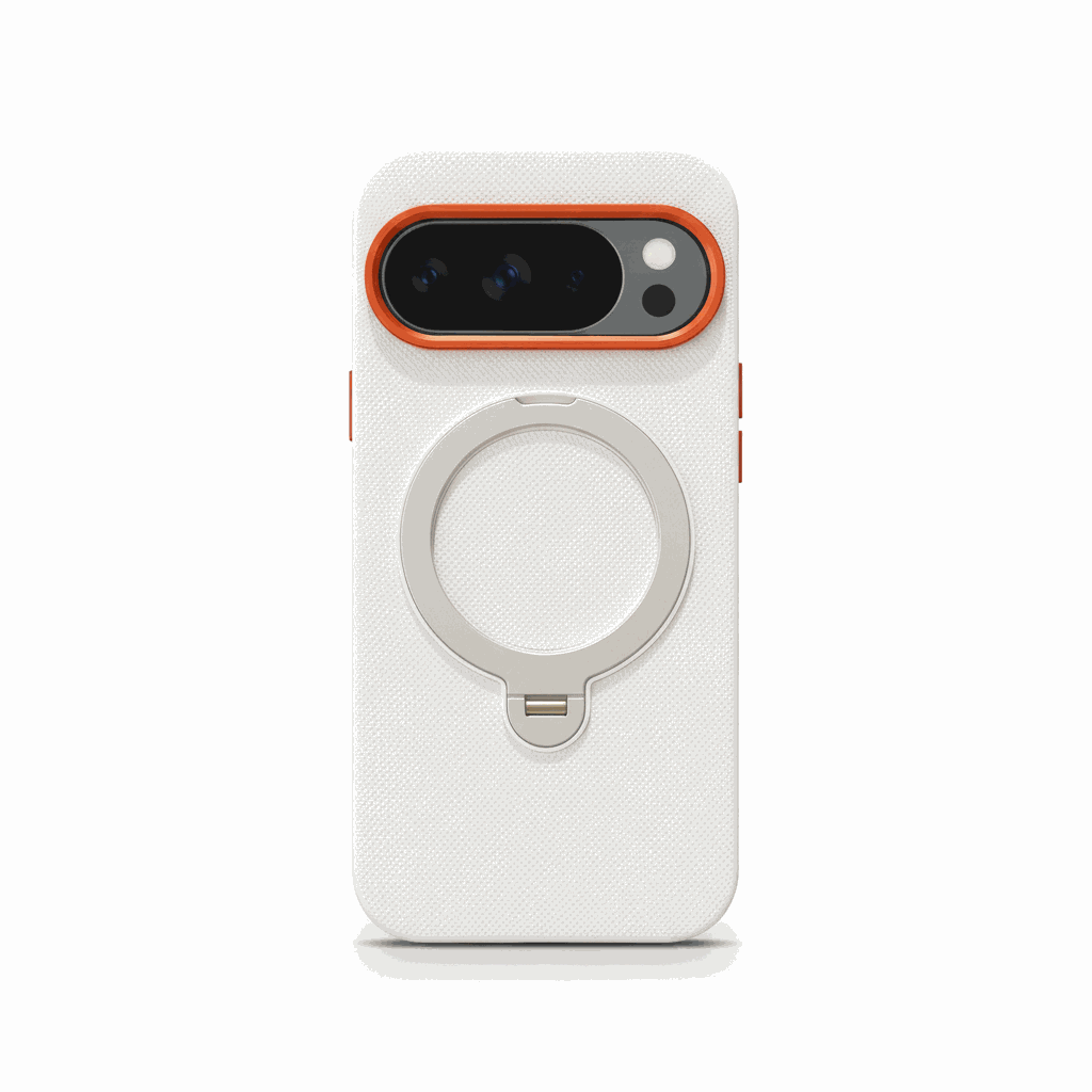 Google Pixel - Woven-Look Magnetic phone case in white with a textured woven surface and silver ring bracket