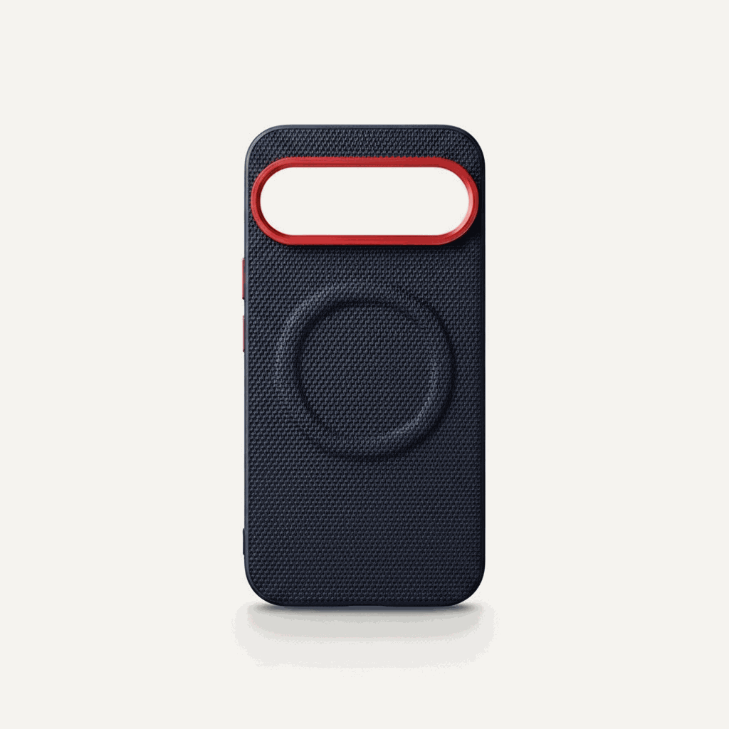 Google Pixel - Woven Look MagSafe Case, navy woven-texture phone case with a raised red camera bezel and magnetic ring.