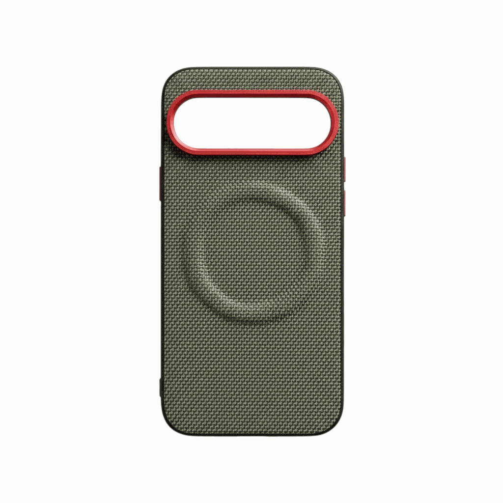 Google Pixel - Woven Look MagSafe Case in olive green with a fine woven texture, circular magnetic ring and red camera bezel