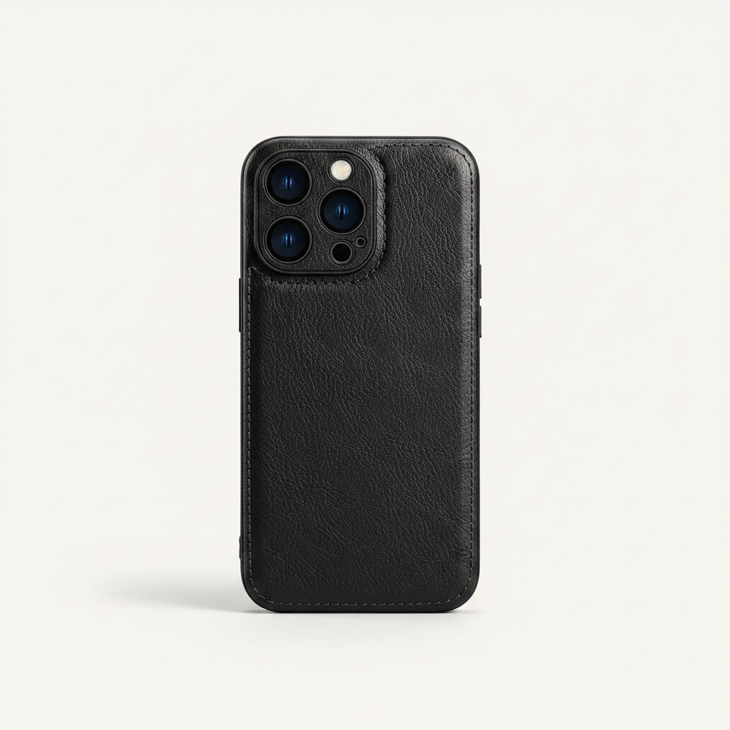 Mobile Supplies Online black premium soft leather iPhone case with a slim, protective design and precise camera cutout.
