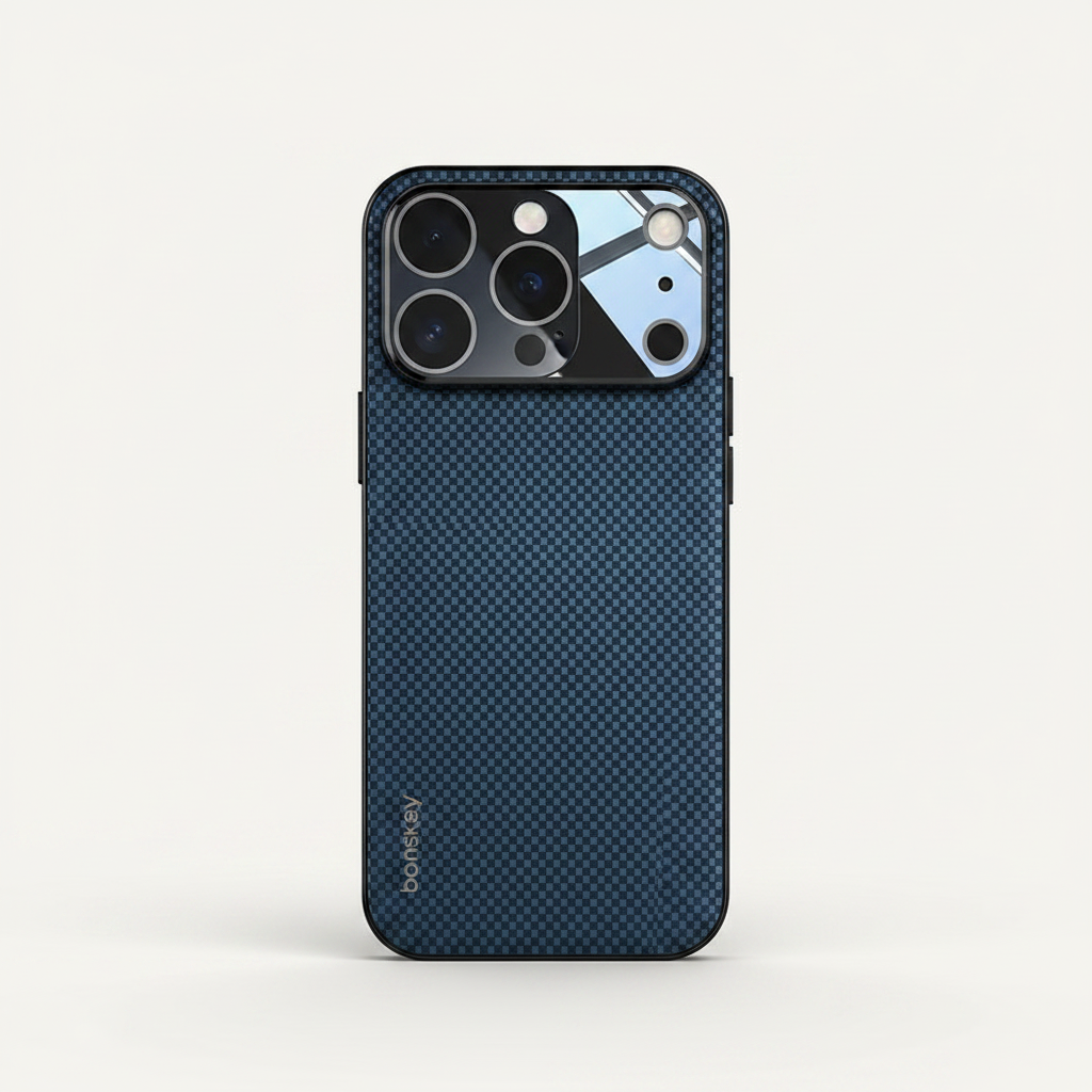 Mobile Supplies Online ultra-thin iPhone case with a blue carbon fiber Kevlar-look texture and precise camera cutout.