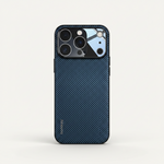 Mobile Supplies Online ultra-thin iPhone case with a blue carbon fiber Kevlar-look texture and precise camera cutout.