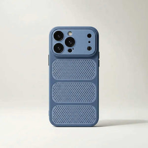 Apple iPhone case in matte blue with a raised camera housing and three perforated heat-dissipation panels