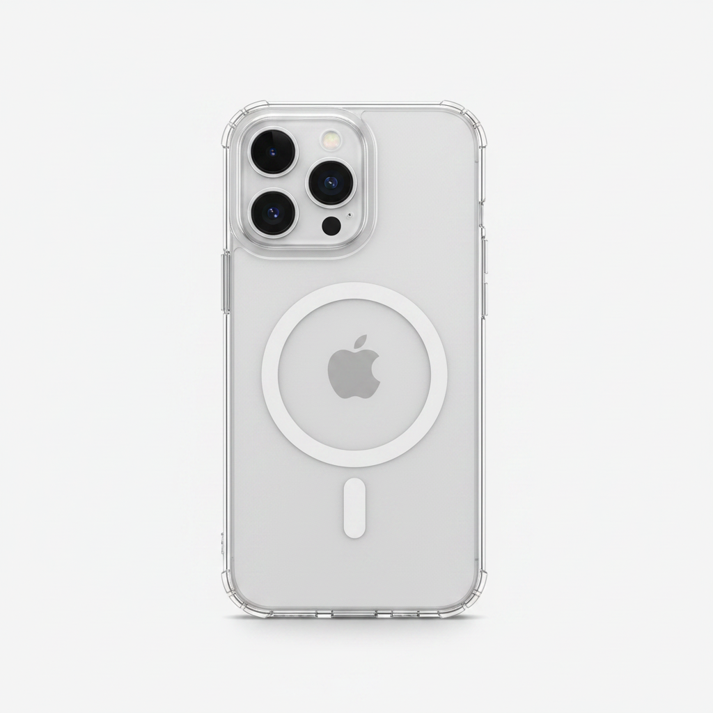 Mobile Supplies Online crystal clear MagSafe case for iPhone showing the magnetic ring and camera cutout