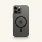 Mobile Supplies Online crystal clear MagSafe case on an iPhone showing the magnetic ring and camera cutout