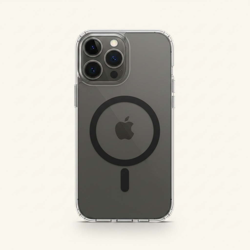 Mobile Supplies Online crystal clear MagSafe case on an iPhone showing the magnetic ring and camera cutout