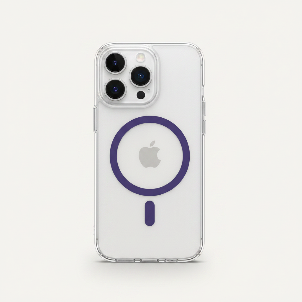 Mobile Supplies Online crystal clear MagSafe case for iPhone with a purple magnetic ring on a white background