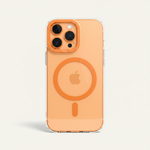 Mobile Supplies Online crystal clear MagSafe case on an orange iPhone with a visible magnetic charging ring