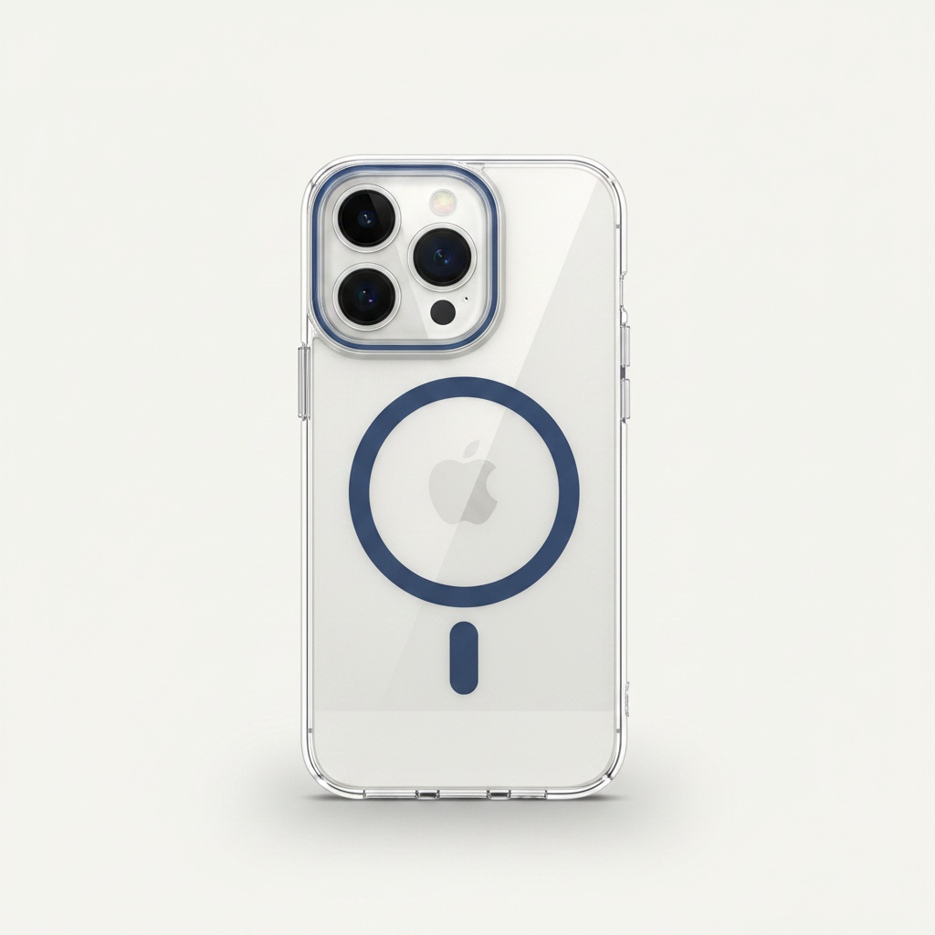 Mobile Supplies Online crystal clear MagSafe case on an iPhone showing the magnetic ring and camera lens protection