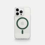 Mobile Supplies Online crystal clear MagSafe case on an iPhone showing the green magnetic charging ring