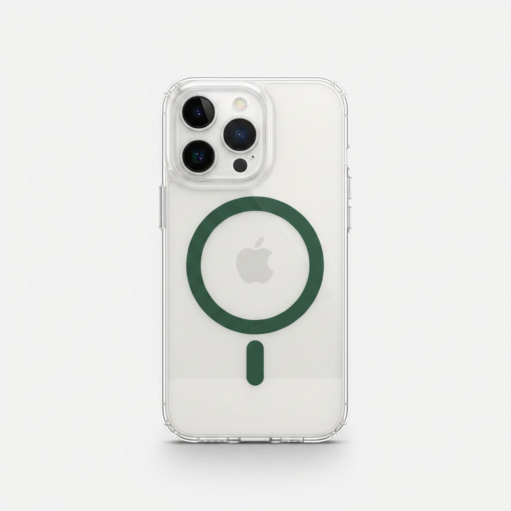 Mobile Supplies Online crystal clear MagSafe case on an iPhone showing the green magnetic charging ring