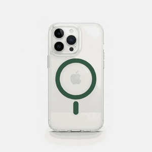 Apple iPhone clear MagSafe case with a transparent shell, dark green magnetic ring and matching alignment bar
