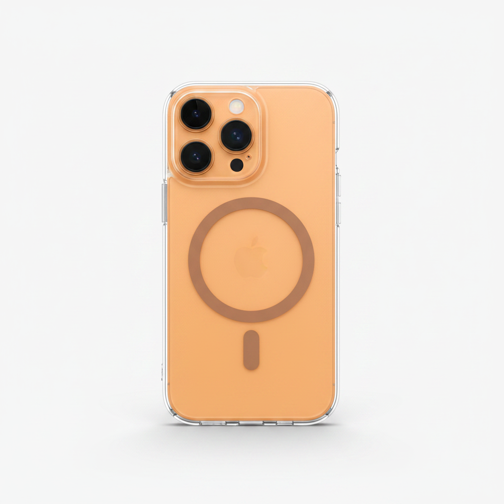 Mobile Supplies Online crystal clear MagSafe case on an orange iPhone showing the magnetic charging ring