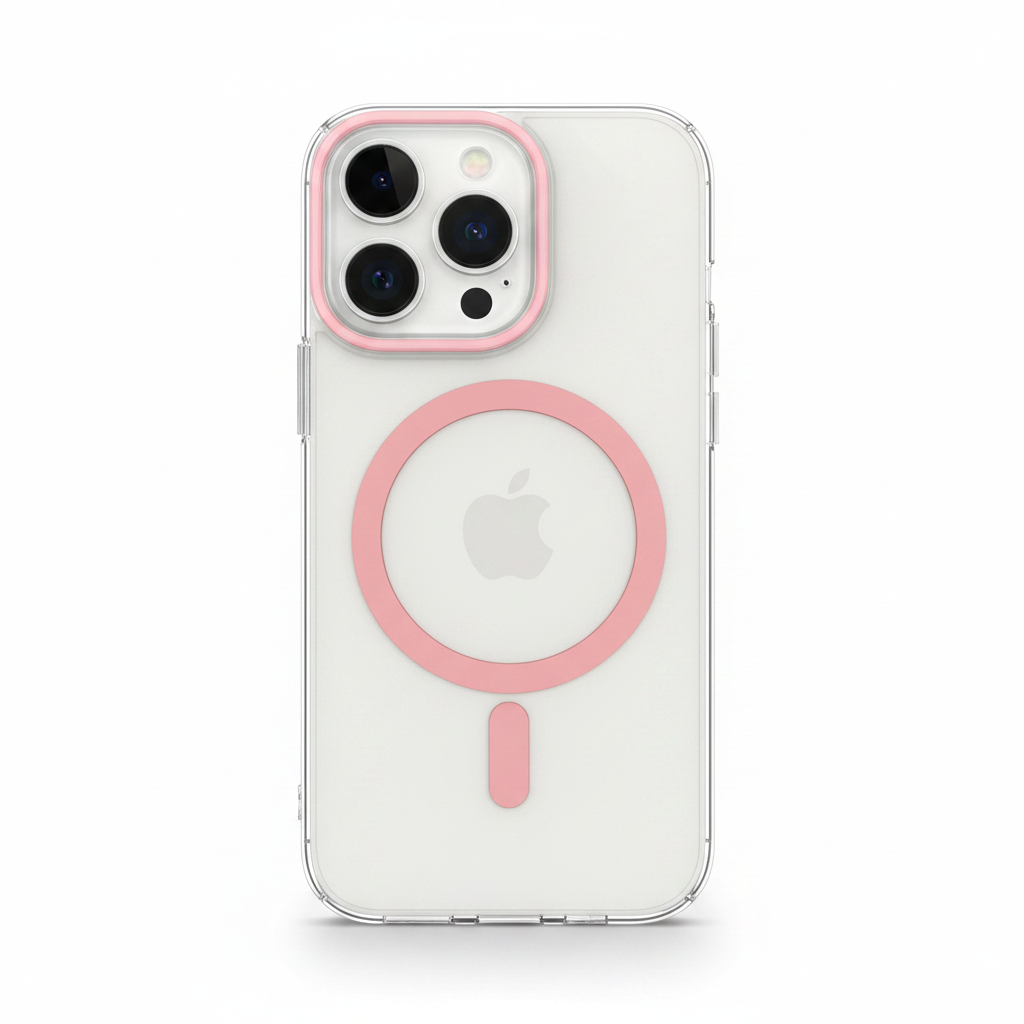 Mobile Supplies Online clear MagSafe iPhone case with pink camera ring and magnetic charging ring on back