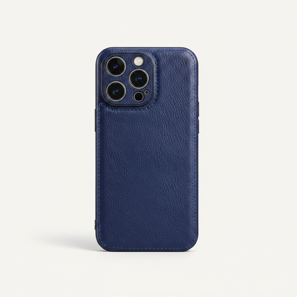 Mobile Supplies Online premium navy blue soft leather iPhone case with a slim, textured finish and camera cutout.