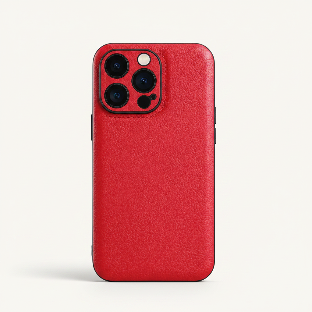 Mobile Supplies Online premium red soft leather iPhone case with a slim, textured finish and protective camera cutout.