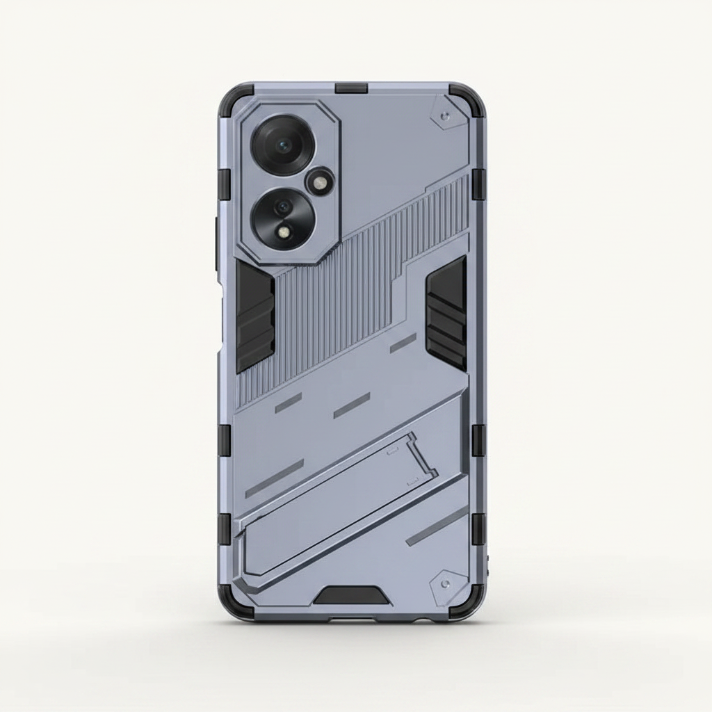 Mobile Supplies Online rugged grey shockproof phone case with integrated kickstand and raised camera bezel protection.