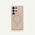 Samsung Galaxy case in translucent beige frosted material with a slim profile, raised camera rim, and circular magnetic ring