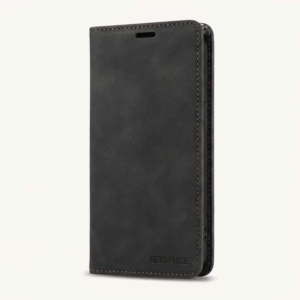 Samsung Galaxy flip case in black textured leather-look material, featuring stitched edges and a magnetic cover