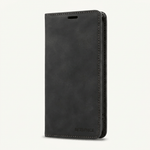 Samsung Galaxy flip case in black textured leather-look material, featuring stitched edges and a magnetic cover