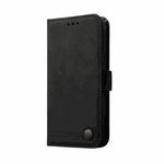Samsung Galaxy flip wallet case in black leather-look material with stitched edges, magnetic tab and embossed metal button
