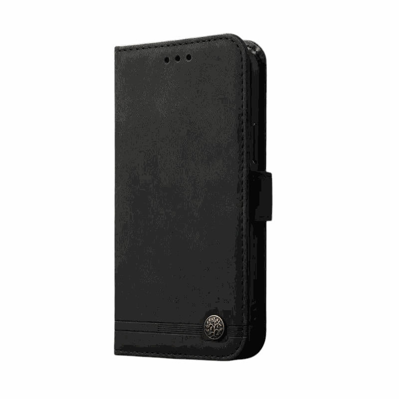 Samsung Galaxy flip wallet case in black leather-look material with stitched edges, magnetic tab and embossed metal button