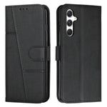 Samsung Galaxy black leather-look flip wallet case with stitched geometric panels, magnetic clasp and triple-camera cutout