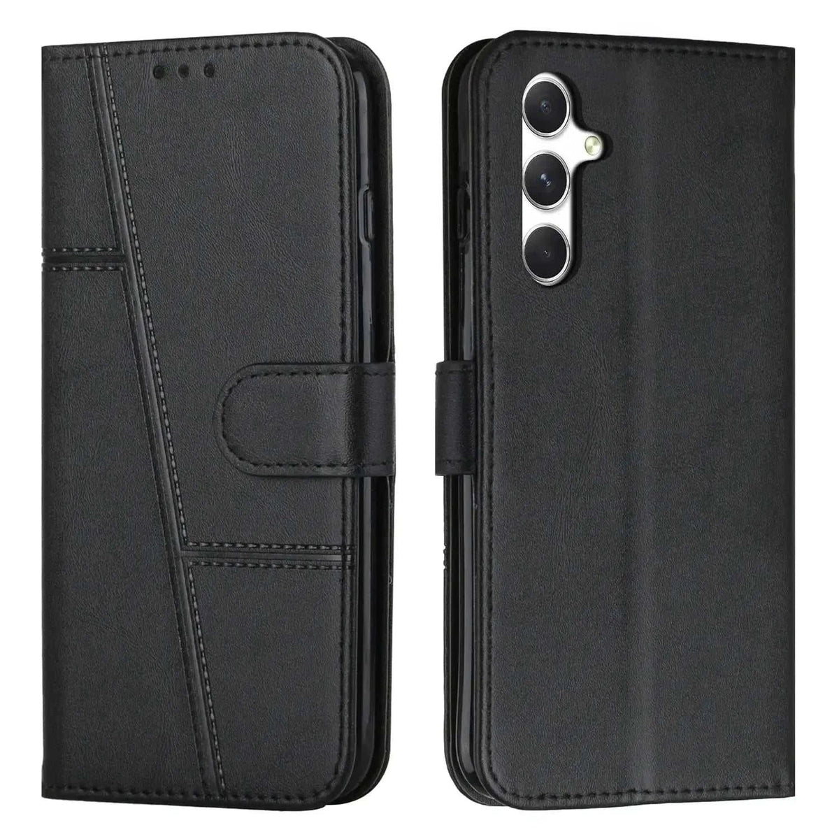 Samsung Galaxy black leather-look flip wallet case with stitched geometric panels, magnetic clasp and triple-camera cutout