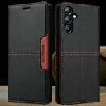 Samsung Galaxy wallet case in black textured leather-look material with brown contrast stitching and a magnetic side clasp