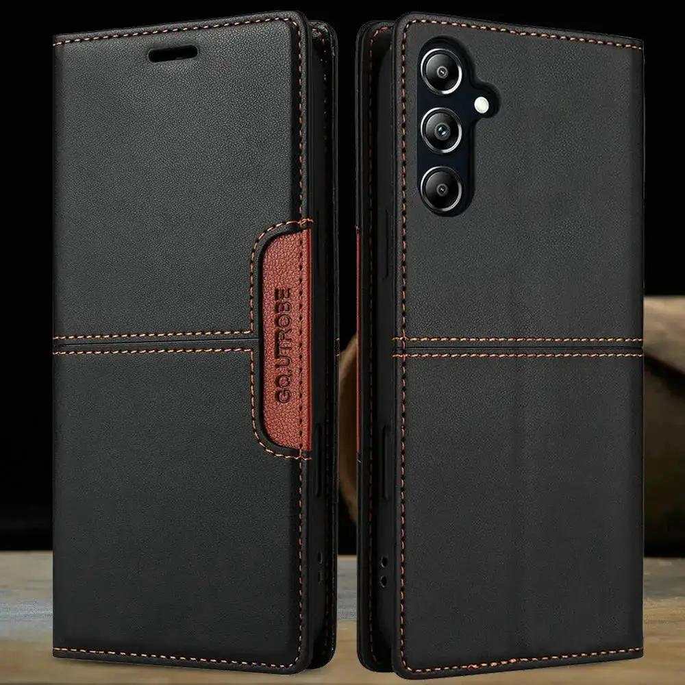 Samsung Galaxy wallet case in black textured leather-look material with brown contrast stitching and a magnetic side clasp