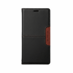 Samsung Galaxy wallet case in black textured leather-look material with brown contrast stitching and magnetic strap