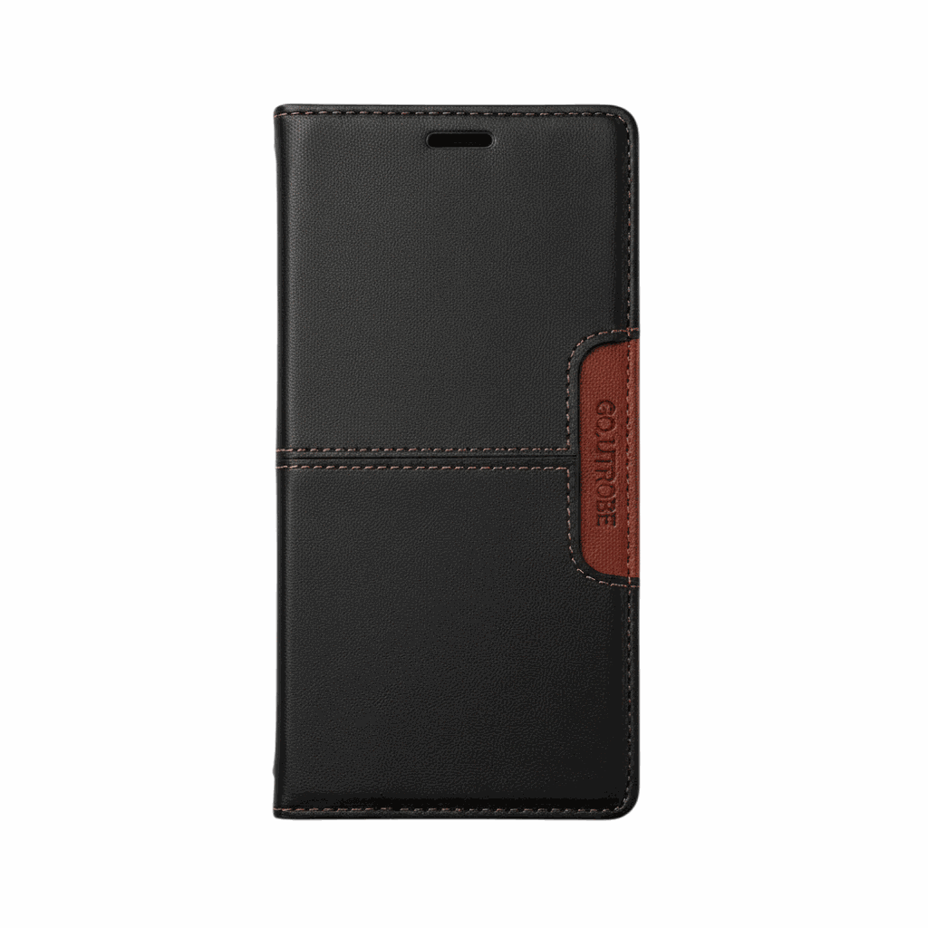 Samsung Galaxy wallet case in black textured leather-look material with brown contrast stitching and magnetic strap