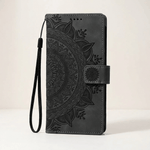 Samsung Galaxy black leather-look flip case with embossed mandala pattern, wrist strap and magnetic closure