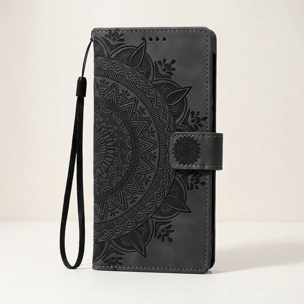 Samsung Galaxy black leather-look flip case with embossed mandala pattern, wrist strap and magnetic closure