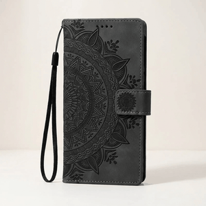 Samsung Galaxy black leather-look flip case with embossed mandala pattern, wrist strap and magnetic closure