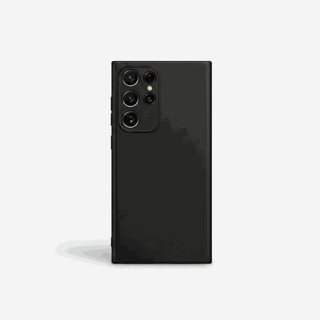 Samsung Galaxy phone case in black matte finish, with a slim rectangular profile and raised multi-camera cutout