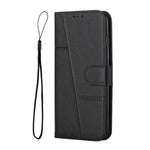 Samsung Galaxy flip wallet case in black textured leather-look material with stitched panel detailing, magnetic strap closure and wrist lanyard