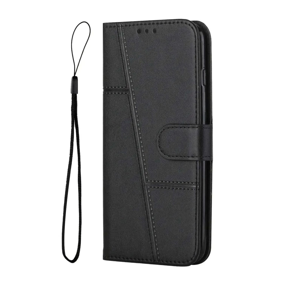 Samsung Galaxy flip wallet case in black textured leather-look material with stitched panel detailing, magnetic strap closure and wrist lanyard