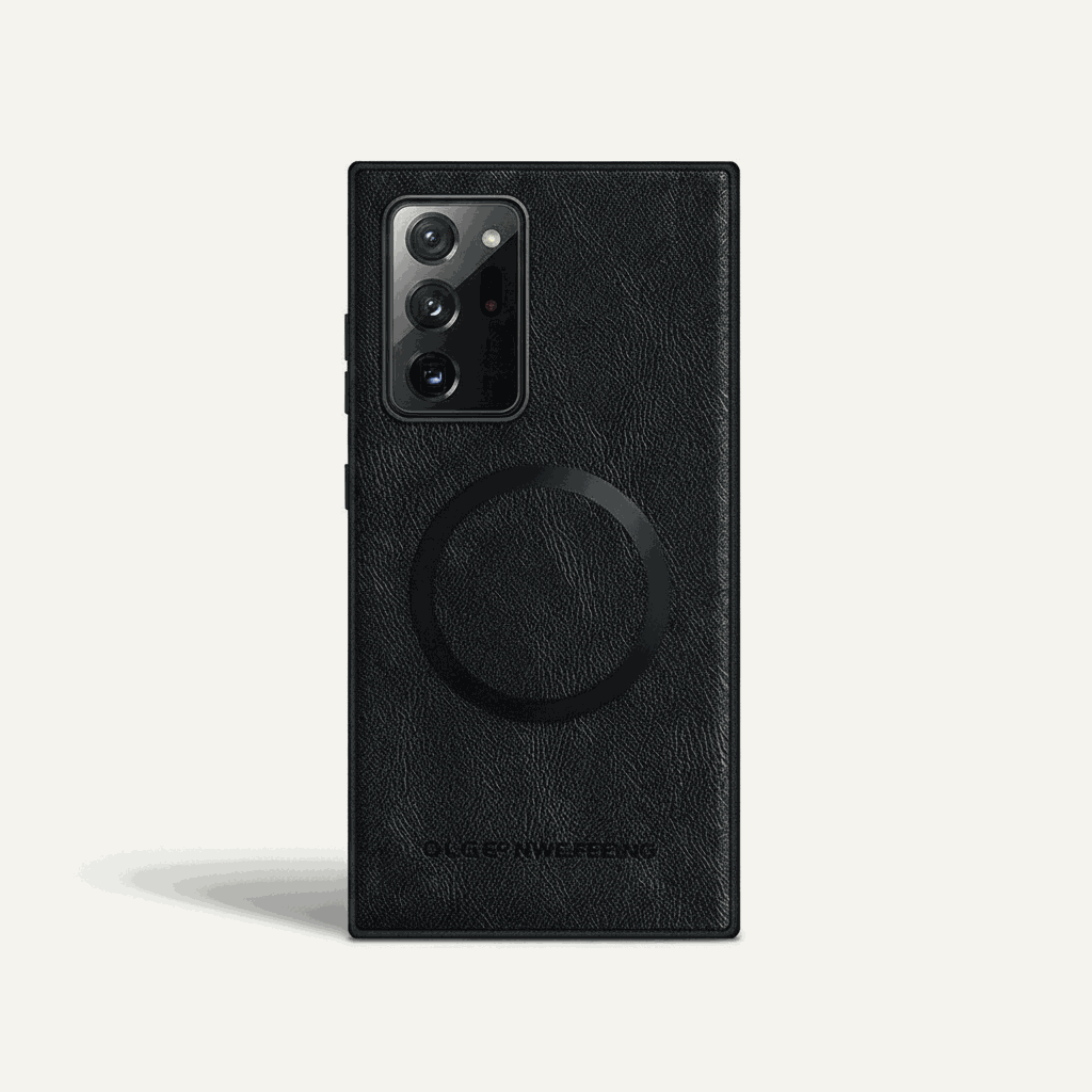 Samsung Galaxy rugged phone case in black textured leather-look material with a raised camera bezel and circular magnetic ring