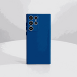 Samsung Galaxy phone in a deep blue matte finish with a raised multi-camera module and rounded corners