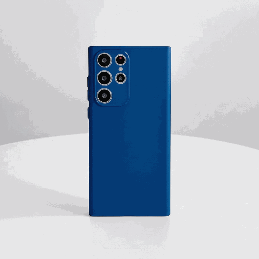 Samsung Galaxy phone in a deep blue matte finish with a raised multi-camera module and rounded corners