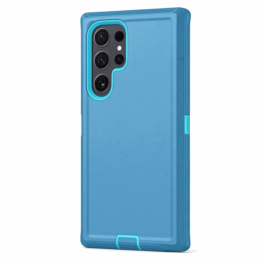 Samsung Galaxy rugged phone case in blue with a smooth back, raised camera surround and reinforced edges