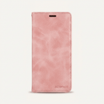 Samsung Galaxy flip case in blush pink leather-look material with stitched edges and a slim earpiece cutout
