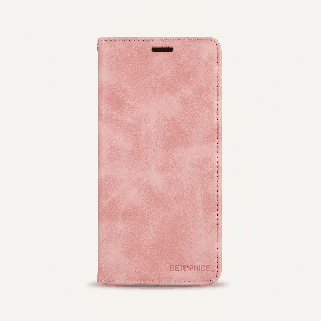 Samsung Galaxy flip case in blush pink leather-look material with stitched edges and a slim earpiece cutout