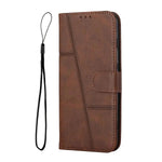 Samsung Galaxy brown leather-look flip wallet case with stitched geometric panels, magnetic clasp and detachable wrist strap