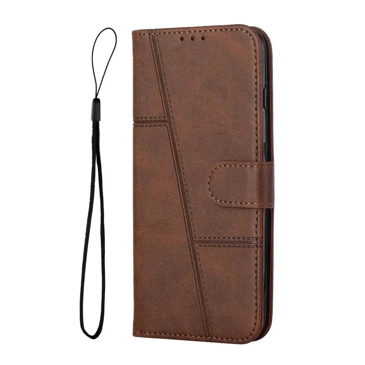 Samsung Galaxy brown leather-look flip wallet case with stitched geometric panels, magnetic clasp and detachable wrist strap